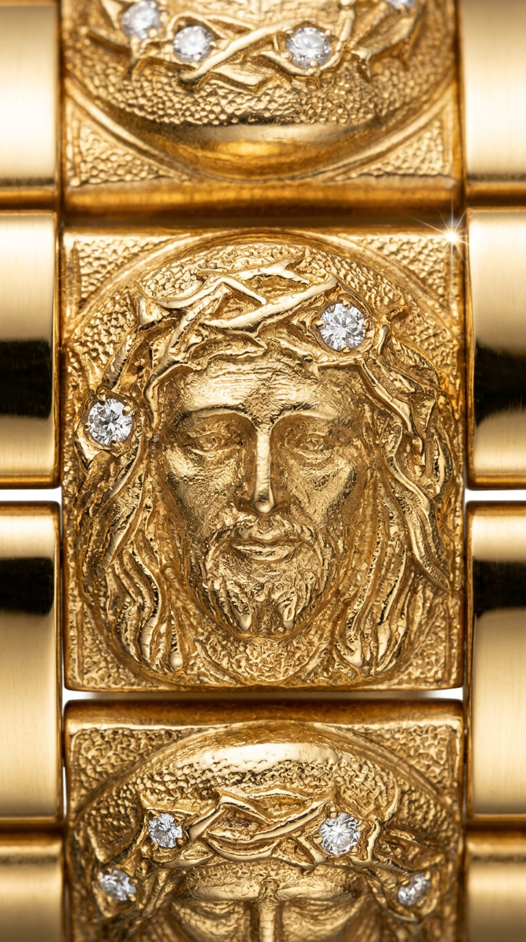 Detalle del grabado de la figura de Jesús con diamantes en la corona de espinas