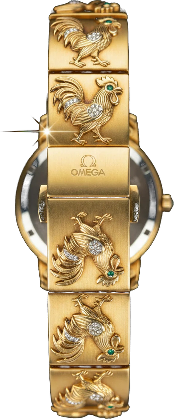 Vista trasera con el broche oculto desplegable y los gallos en oro 18k