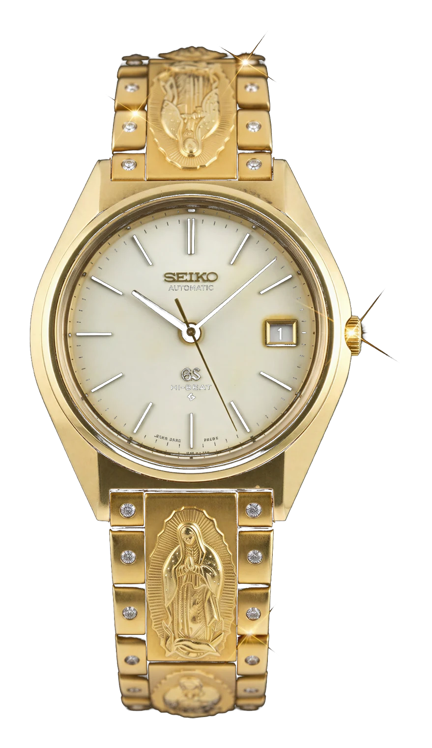 Grand Seiko Hi-Beat con brazalete de oro 18k con la Virgen de Guadalupe y diamantes