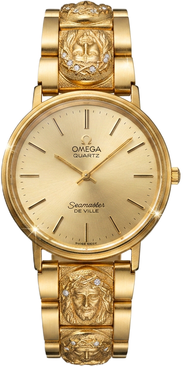Omega Seamaster De Ville con brazalete de oro 18k con la figura de Jesús y diamantes