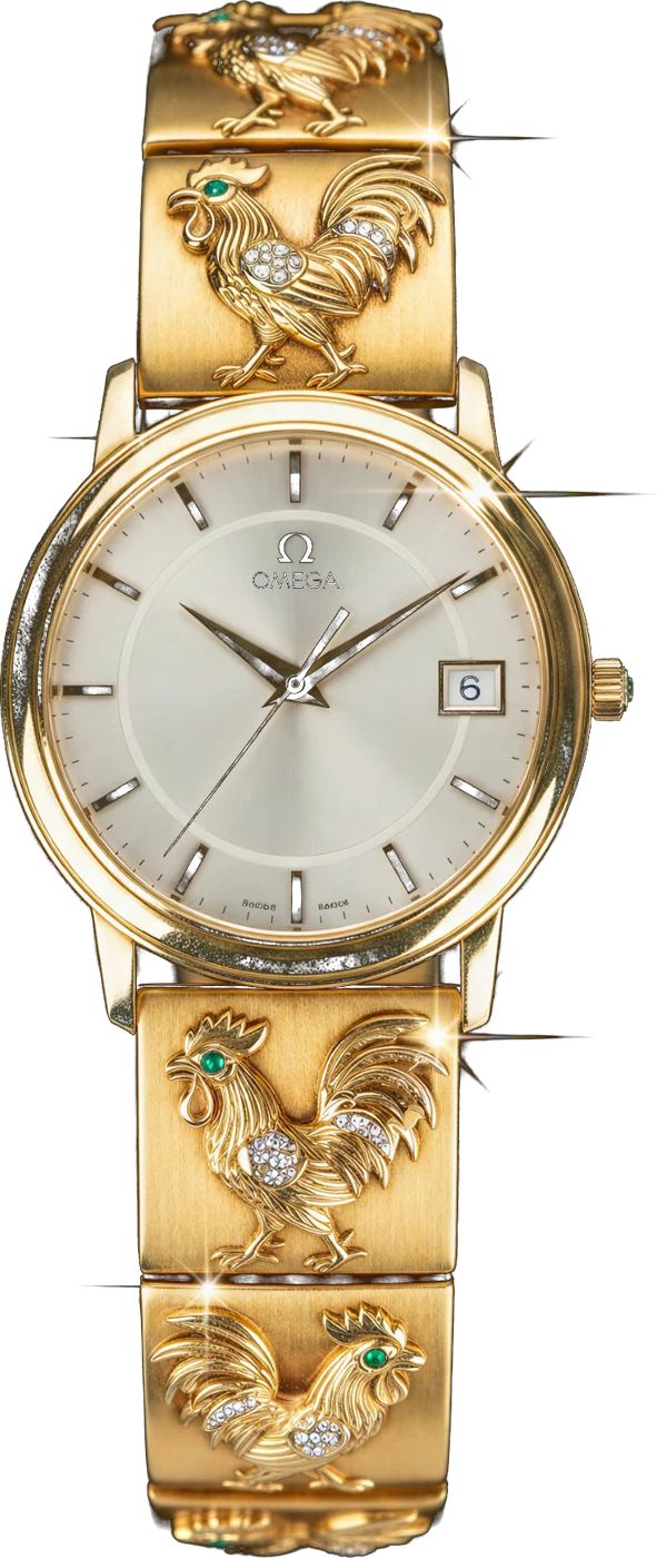 Omega Seamaster con extensible de oro 18k con gallos de pelea, esmeraldas y diamantes
