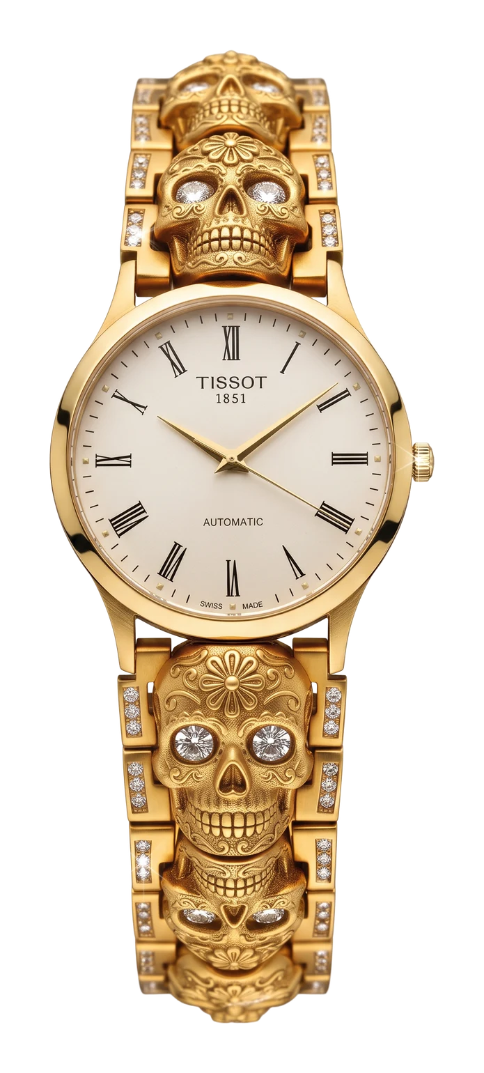 Tissot Excellence con extensible de oro 18k con calaveras esculpidas y diamantes