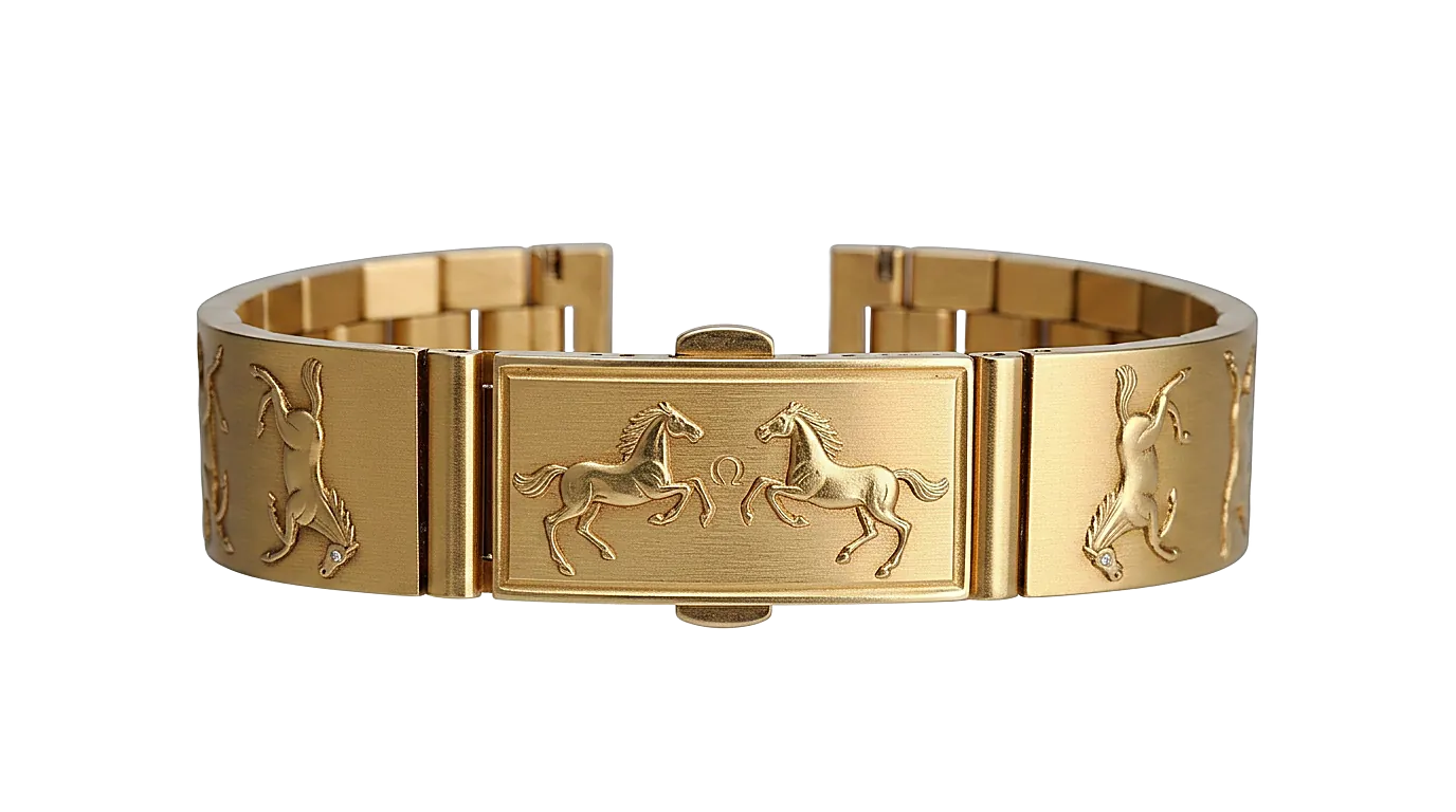 Detalle del broche con caballos en relieve del brazalete de oro 18k