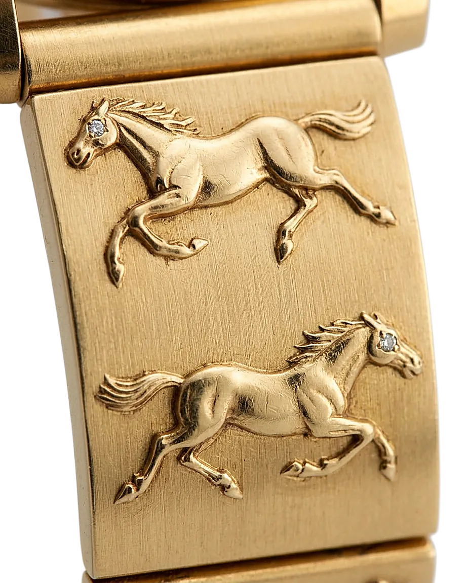 Detalle de los eslabones con caballos y ojos de diamante